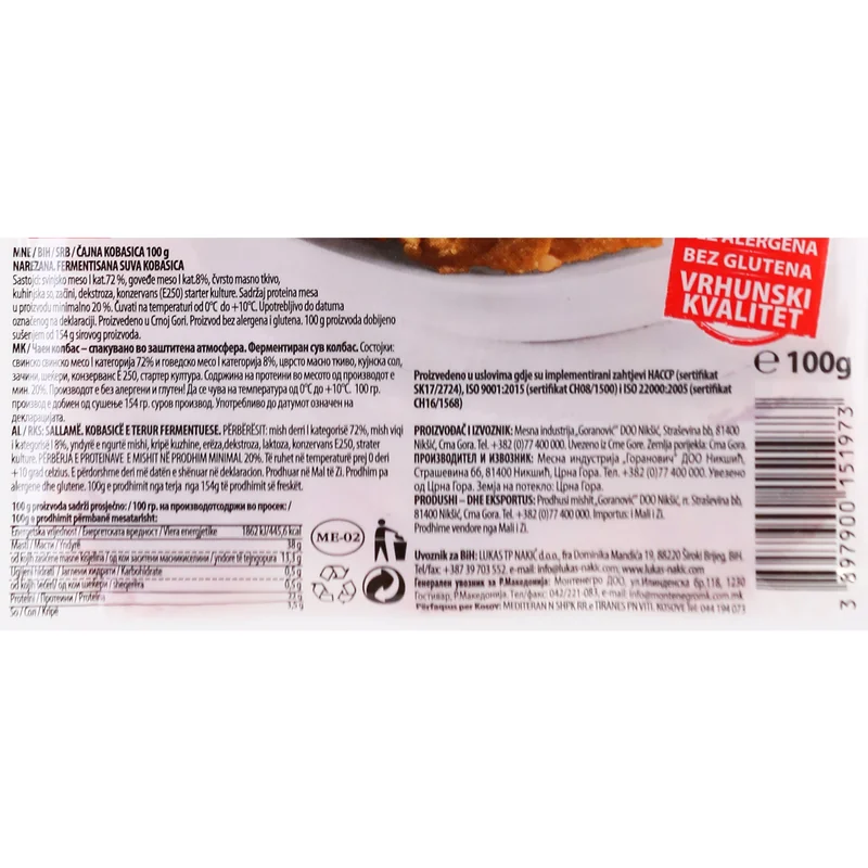 Čajna kobasica narezana 100 g Goranovic